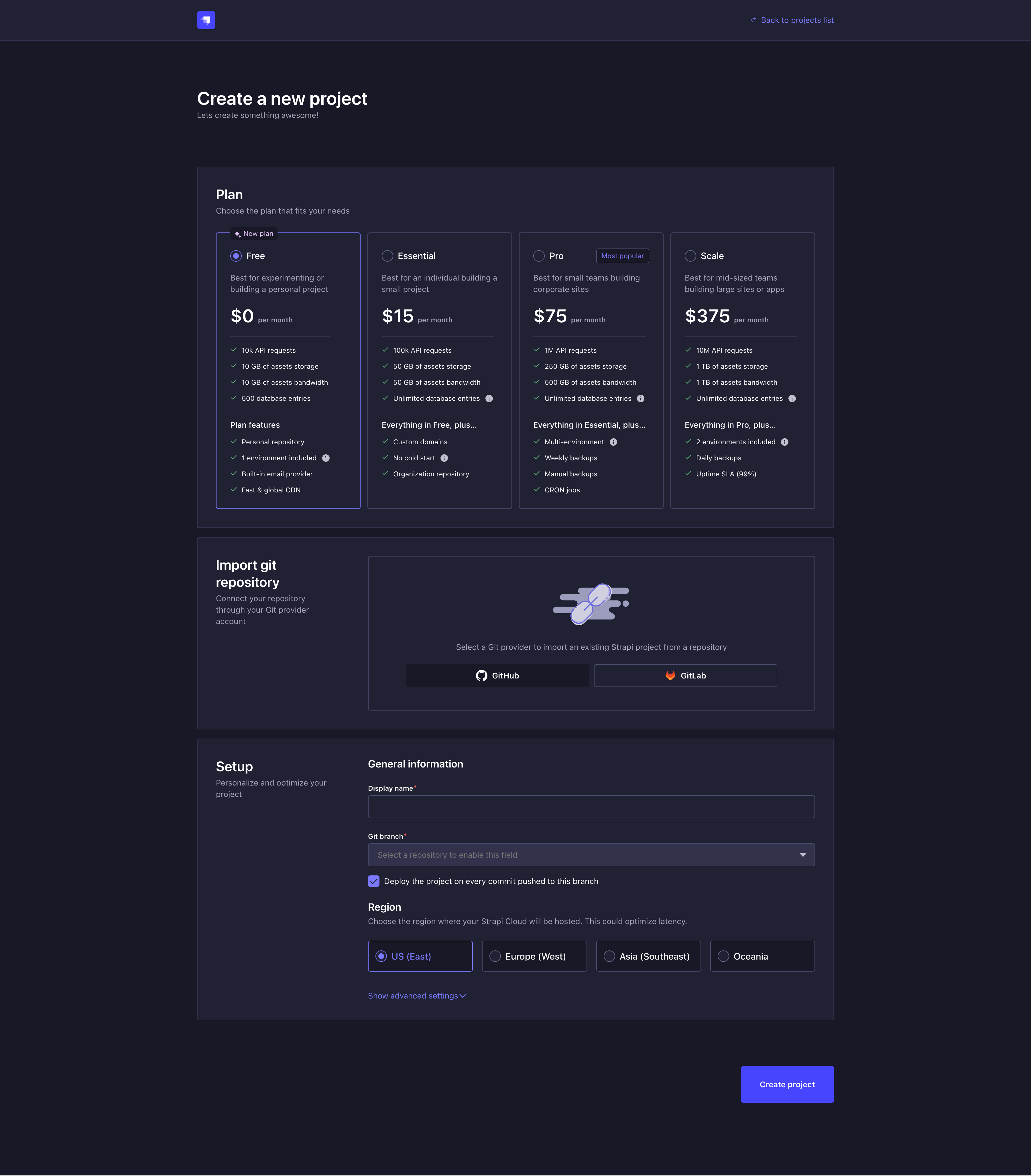 Strapi Cloud project creation, step 1